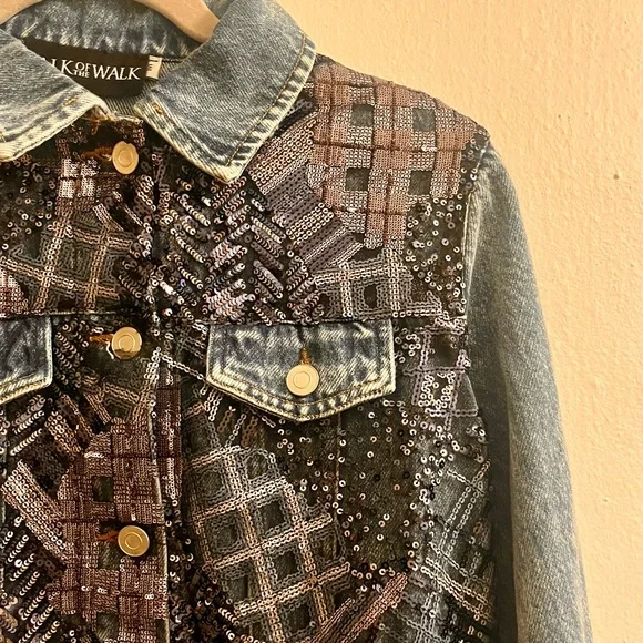 nwt 🆕 denim moto jacket with abstract plaid sequins - Picture 7 of 16
